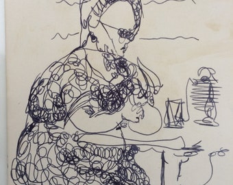 Auntie May - - Very odd Lady sitting, doodly ink drawing by Dorothy, probably 1960's.  By Dorothy  Messenger, copyright