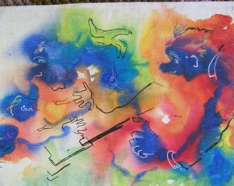 May include: An abstract watercolour painting featuring vibrant splashes of blue, red, yellow, and green. Black ink outlines depict two figures interacting, with one figure gesturing with an open hand and the other pointing, set against a colourful background.