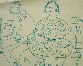 May include: A teal line drawing on cream-colored paper depicts two figures seated. One figure wears a dress with triangle shapes. The other figure is seated next to them. The drawing style is simple and abstract.