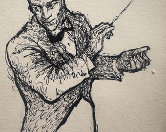 May include: A black and white pen and ink drawing of a conductor. The figure is dressed in a suit with a bow tie, holding a baton in one hand and gesturing with the other. The artwork is done in a scribbled style.
