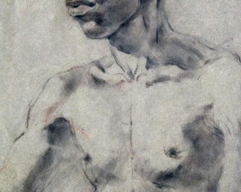 Portrait d'homme, fusain, Art School, par D. Messenger, ca. 1953, portrait rare, exemplaire sur papier sans acide de ton naturel de 8,5 x 11 po.