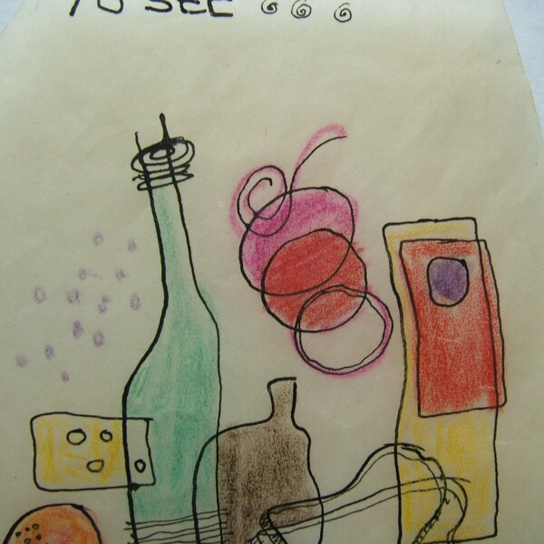 French Lunch - the Little Bottles; abstract drawing, odd, bluish ink,   of ink drawing.  from Paris sketches. You trim to size you like.