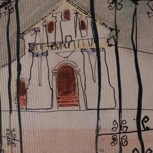 May include: A black and white drawing of a church with a cross on top. The church has a large arched doorway and a series of windows. The drawing is done in a simple style with thick lines.