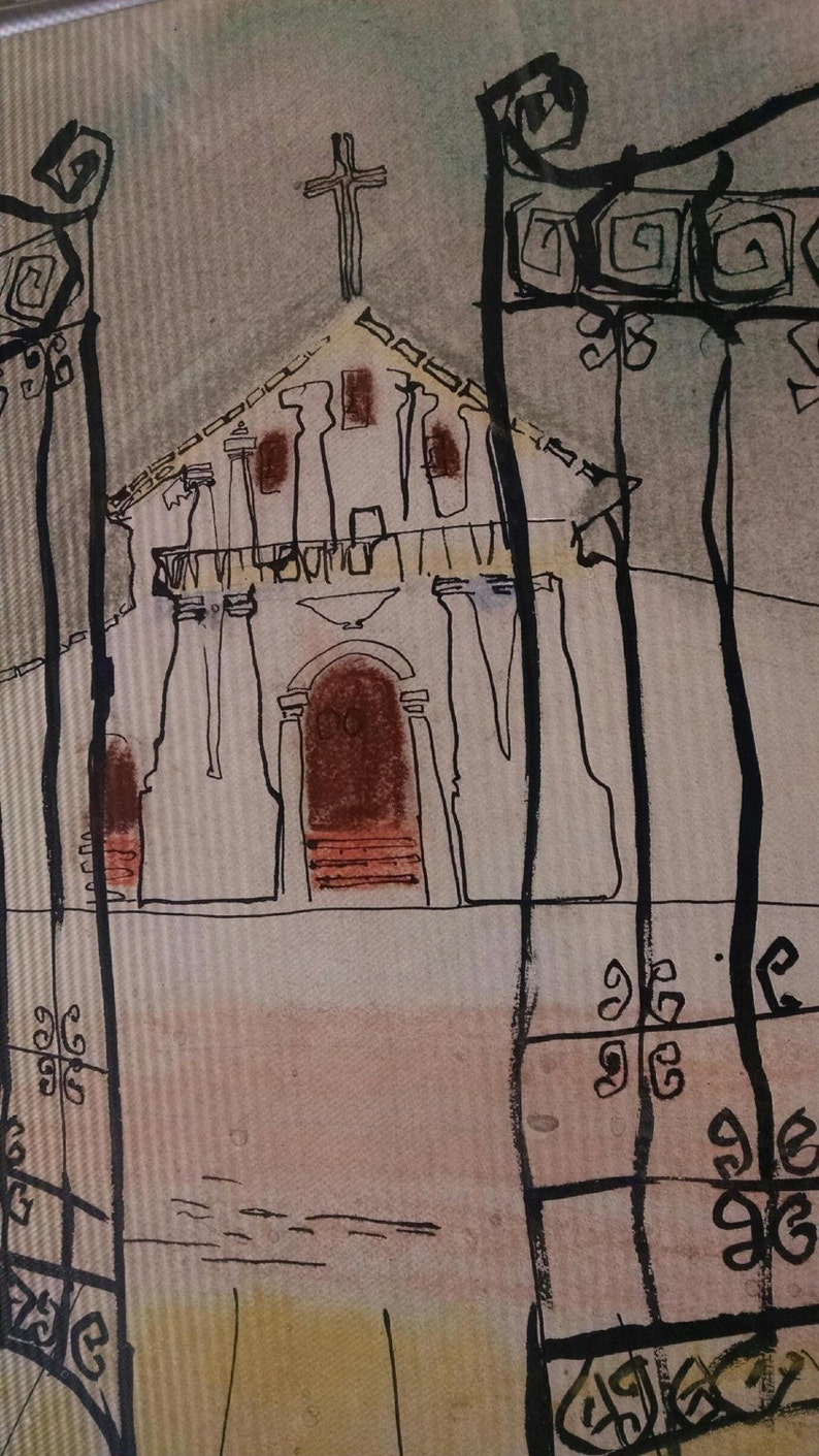 May include: A black and white drawing of a church with a cross on top. The church has a large arched doorway and a series of windows. The drawing is done in a simple style with thick lines.