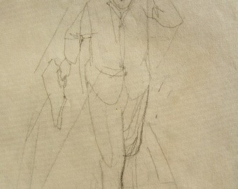 OH NO - Business Man Is Late -- pencil sketch, faint lines, very nice, old, by D. Messenger.  On off-white acid free paper.