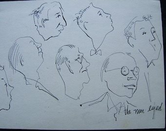 May include: Black and white line drawing of six men's faces, with the text "At the men eyed" at the bottom of the image.