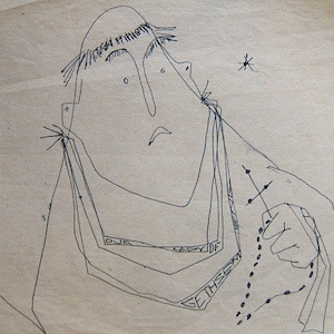 The Friar, rysunek tuszem postaci mnicha autorstwa D Messengera, oryginał, mały, słodki. Około 4x4"