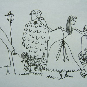 Les TOURISTS France - Characters All - w Paryżu 1949 - autorstwa Dorothy Messenger, rysunek tuszem, kopia na papierze bezkwasowym w kolorze złamanej bieli o formacie 8,5" x 11".