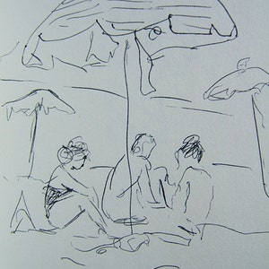 Ludzie tureckiej plaży, szkic ołówkiem autorstwa D. Messenger, kopia oryginału, papier 8,5" x 11". Darmowa wysyłka w USA. znany również jako "Scena na plaży z parasolem"
