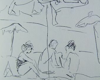 Turkish Beach People, pencil sketch by D. Messenger, copy of original,  8.5&quot; x 11&quot;   paper. Free ship in USA. aka &quot;Beach Scene w Umbrella&quot;