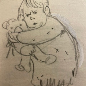 Dziecko na pokładzie statku, lata 40. XX wieku, szkic D. Messengera, 8,5 x 11 cali, z lat 40. XX wieku, chroniony prawami autorskimi, na papierze.