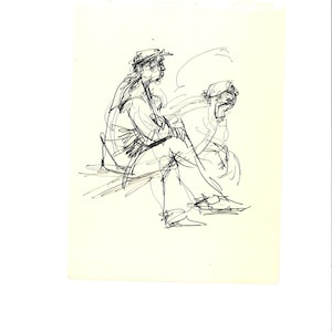 May include: A black and white sketch of two figures seated, rendered with quick, expressive lines. One figure wears a hat and appears to be leaning forward, while the other rests their head on their hand. The artwork is on a cream-colored paper.