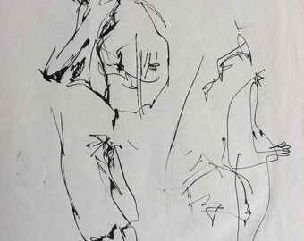 Standing Backpack mystery man, touring Europe; an original sketch by Dorothy Messenger, rare ink sketch from 90's.