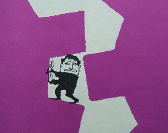 May include: A black and white illustration of a person with a worried expression, trapped between two large, pink, jagged shapes.