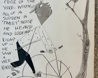 BIKING - Boy on Bike, "Twittery", Original ink drawing by Dorothy Messenger, Original, on paper.