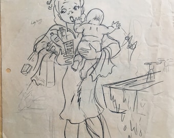 May include: A pencil sketch on aged paper depicts a woman holding a baby and various items, with the text "Don't try to do everything at once!" above. The woman appears stressed, conveying a theme of multitasking and overwhelm.