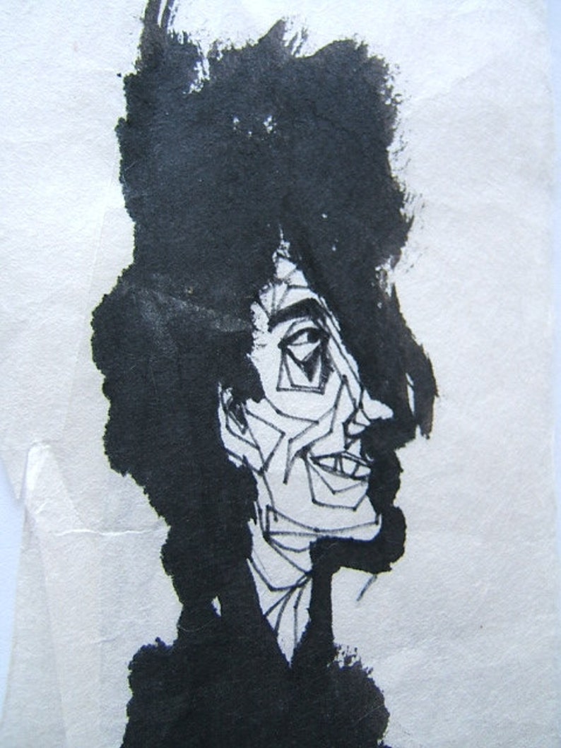 Original Drawing by D. Messenger, Big Hair Guy, mixed media, ink and torn paper, 3 x 6, original. PRINTS are Available TOO image 1