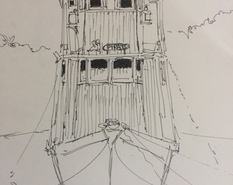 The Belvedere Tiburon Boat, a seaworthy SF Bay Vessel, a sketch of a boat, the original, approx 10 x 10". By Dorothy Messenger