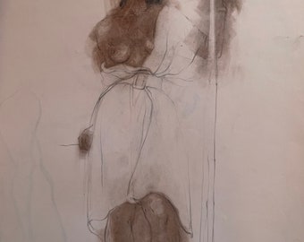 Nude with a staff.  Standing nude original on paper, approx 18" x 24" shipped FedEx.