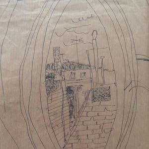 Dom Owalny, obszar z kocich łbów, rysunek Yonica na papierze, kopia na papierze bezkwasowym 8,5 x 11", rzadki i stary.