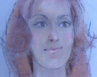 CARLA -the REDHEAD - a print of a portrait, by my mother, ca. 1950.  Pastel.