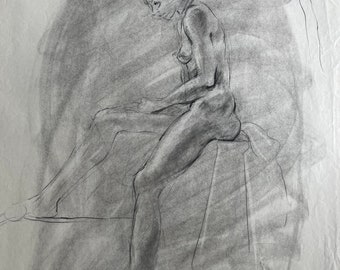 Charcoal nude sketch, art school, 18" x 24", figure drawing, pencil; by Dorothy Messenger