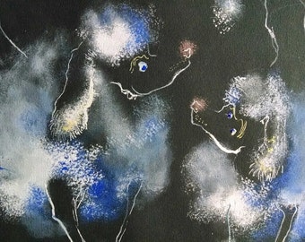 Poodles Playing -original rare piece by Dorothy Messenger, on acid free paper FREE SHIPPiNG in U.S.A.