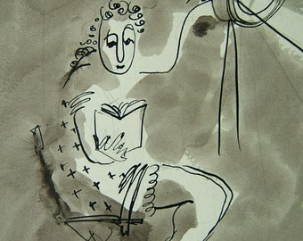 May include: A black and white ink drawing of a person sitting in a chair, reading a book, with a spotlight shining on them.