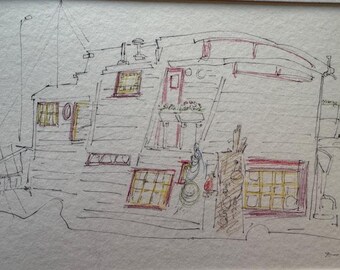 May include: A black and white line drawing of a house with a curved roof and multiple windows. The house has a balcony with a railing and a potted plant. The drawing is done in a simple style and has a whimsical feel.