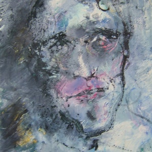 BLUE BOY - Ritratto 4, Blue Face. Probabilmente degli anni '50; dipinto a olio, su carta bianco sporco 8 x 11; chiedi informazioni sull'ORIGINALE in vendita.