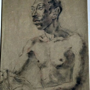 Ritratto di uomo, carboncino, scuola d'arte, di D. Messenger, ca. 1953, ritratto raro, copia su carta 8,5" x 11", l'originale non è più in vendita.