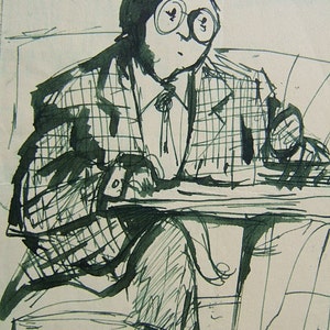 May include: A black and white ink drawing of a person wearing glasses and a plaid jacket sitting at a table.