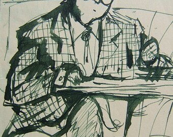 GLASSES GUY - Everyone loves this - ink drawing, very small, copy.  India ink type, copy. Free ship in Usa.