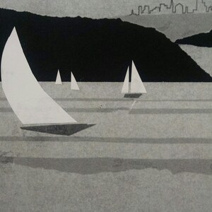 May include: A black and white illustration of a cityscape with sailboats in the foreground. The sailboats are white and have a simple design. The cityscape is in the background and is made up of tall buildings.