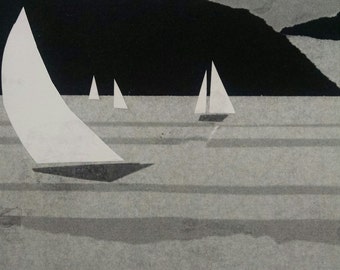 SAILING Boats on the Bay, Black & White, unknown date, tissue paper multi media assemblage, a copy on 8.5x11  paper  FREE SHIPPING in U.S.A.