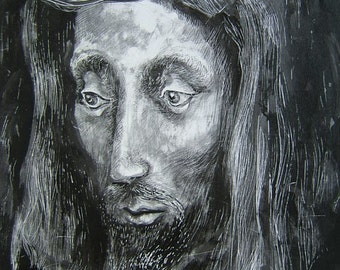 CHRIST Face of Jesus Etching Style; copy,  original is not for sale, copy, on  paper, cute.  very rare. copyrighted.