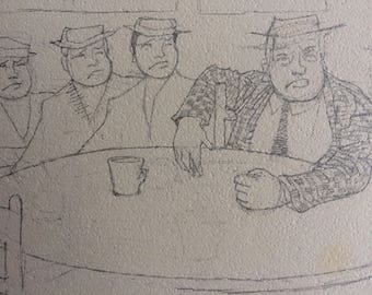 May include: A black ink line drawing on a textured surface depicting four individuals wearing hats seated around a circular table. One person in the foreground wears a patterned jacket and tie, with a small cup placed on the table surface in front.