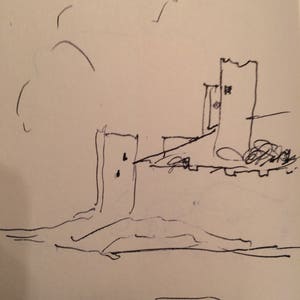 Zamek na wzgórzu, autorstwa D. Messengera, prosty szkic na papierze bezkwasowym. 8,5 x 11"