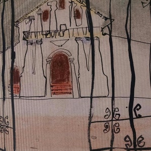 May include: A black and white drawing of a church with a cross on top. The church is drawn in a simple style with a few details, such as a door and windows. The drawing is set against a light brown background.