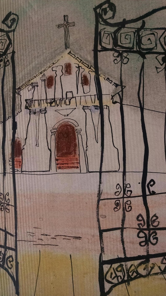 Color Mission, a church probably near Mexico, ca 1945, an original framed ink piece.  9" x 12" Framed!