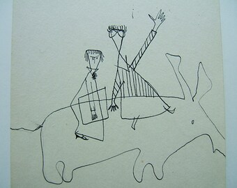 Riding the Gazomphalus,  cute ink drawing. Front of snout unfinished.   ORIGINAL,  Prints are Available Too.