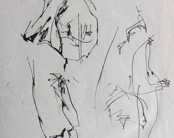 May include: A black and white ink drawing of two figures. The figure on the left is sitting with their legs crossed and their head down. The figure on the right is standing with their arms raised.