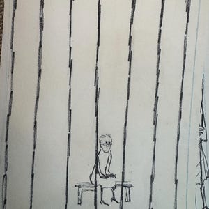 May include: A pencil sketch depicts a person seated on a bench, positioned behind vertical lines. The figure is drawn in a minimalist style, with simple lines defining the form. The background is a textured paper.