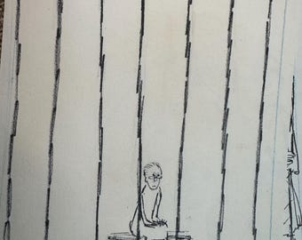May include: A pencil sketch depicts a person seated on a bench, positioned behind vertical lines. The figure is drawn in a minimalist style, with simple lines defining the form. The background is a textured paper.