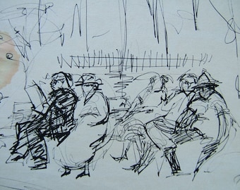 Many Codgers, men on a bench, rare ink drawing, has a coffee stain visible, a scan.