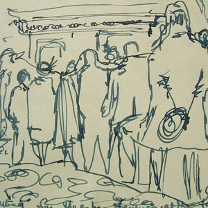 Waiting at the Fairmont - z Fairmont Hotel na Nob Hill, ok. 1950 r. rysunek tuszem. Kopia na sztywnym papierze 8,5 x 11". Z lat 50.