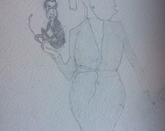 He's Mine - a comedic sketch about jealousy -  Copy on off white, acid free paper.  Free ship in UsA nice reproduction.