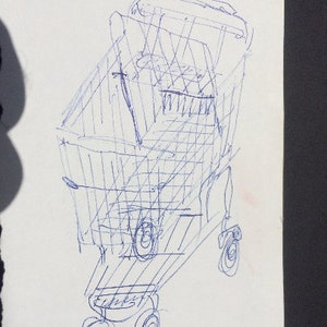 Wózek spożywczy, oryginalny wydruk 4 x 6 cali narysowany na białym papierze, lata 50. Rzadki oryginalny szkic na zwykłym białym papierze.