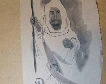 AN ORIGINAL  - Middle Eastern Figure with Staff, Wise Man, the original.  On paper, approx 7 x 10".  Make offer.