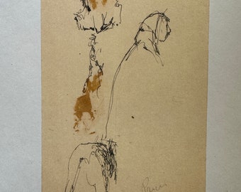 May include: A black and white ink drawing on brown paper of a stylized figure with a long neck and a large head. The drawing is signed "Parris" in the bottom right corner.